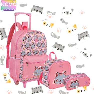 Imagem de Kit Mochila Rodinha Escolar Infantil Meninas Gatinha com Lancheira e E
