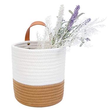 Imagem de Cestas de armazenamento para pendurar na parede – Pequeno organizador de cesta de armazenamento de arame de algodão para plantas, toalhas, brinquedos – 16 cm x 18 cm, smallropebasket, White and Brown