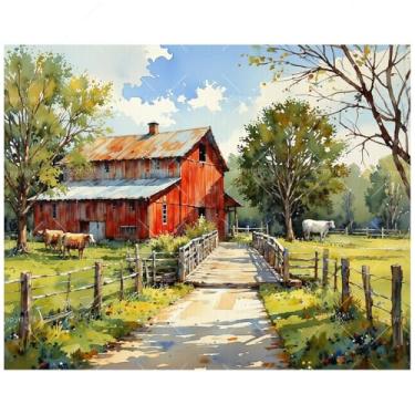 Imagem de Kit de pintura por números Farm Life para adultos – Pintura de paisagem de gado e celeiro vermelho em tela 30 x 40 cm, conjunto de tinta acrílica emoldurada, adequado para iniciantes, arte para