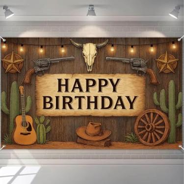 Imagem de HOMETITUTE Banner de feliz aniversário com tema ocidental com armas cacto guitarra chapéu de cowboy e roda de carroça decoração de aniversário banner para homens meninos vintage cenário de festa do