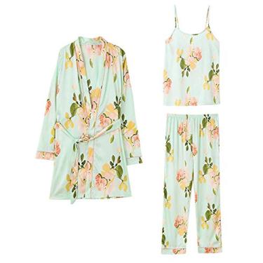 Imagem de ifgswopq Conjunto de roupões femininos de seda com 3 peças para dormir longo roupão de banho feminino lingerie roupão de dormir (grande)