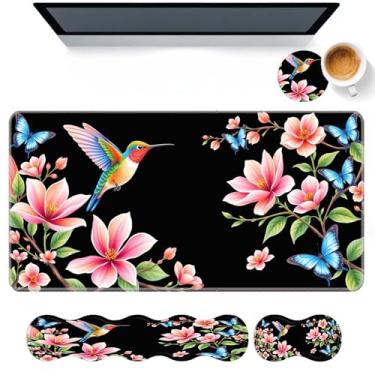 Imagem de DHEEBFWE Conjunto de mouse pad de teclado, grande mesa + descanso de pulso para teclado + suporte de pulso para mouse + porta-copos para alívio da dor fácil de digitar, suporte de pulso antiderrapante