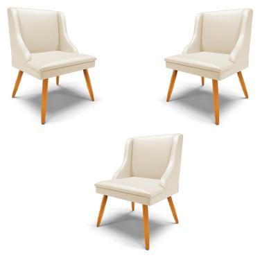 Imagem de Kit 3 Cadeiras Decorativas Sala de Jantar Pés Palito de Madeira Firenze PU Bege/Natural G19 - Gran Belo