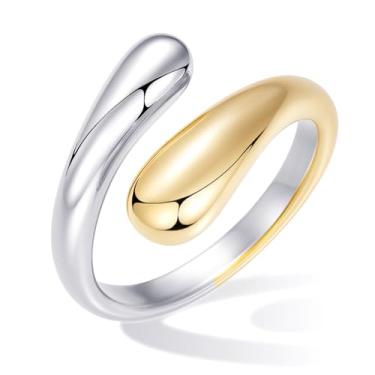 Imagem de Anéis grossos de ouro não manchados para mulheres, anéis de cúpula banhados a ouro 14K, aliança de casamento masculina empilhável, joia tamanho 5-15, 6, Aço inoxidável, Sem pedra preciosa