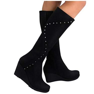 Imagem de Bigfanshu Botas femininas até o joelho sapatos de inverno lazer Roma sólido slip-on anabela cristal bota preta camurça, Preto, 7