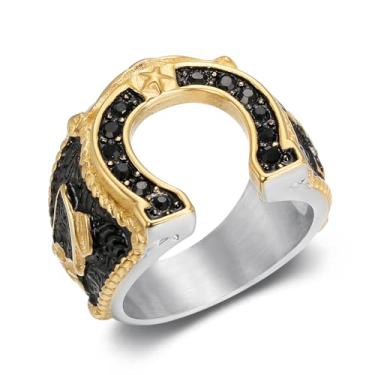 Imagem de NEGS Anel masculino de aço inoxidável Lucky Horseshoe Punk Rock banhado a ouro 18K, Metal, Zircônia cúbica