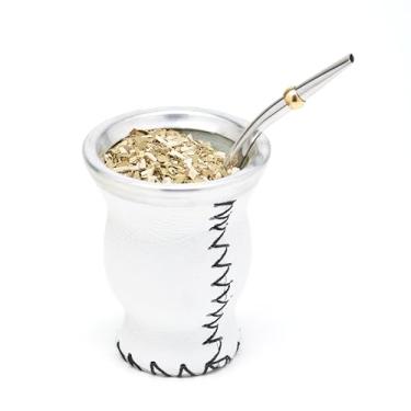 Imagem de BALIBETOV Conjunto de cabaça de erva mate de couro e vidro (copo de casal) com erva mate bombilla (off-white)