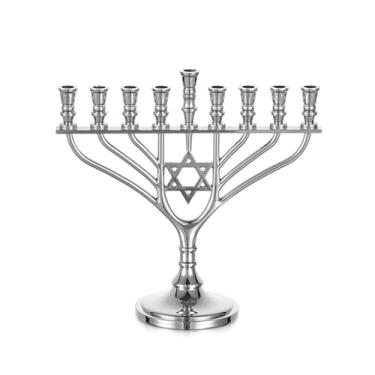 Imagem de Sziqiqi Menorá de Hanukkah 9 ramos: Menorá Tradicional Prata com Estrela de Davi - Castiçal Pequeno Chanucá Liga de Zinco 19 cm de Altura para Férias Viagens Janela Escritório
