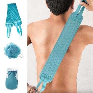 Imagem de Conjunto de 3 peças de banho esfoliante com alça de esfregão nas costas e esponja de bucha para limpeza profunda do corpo e esfoliação de corpo inteiro (azul)