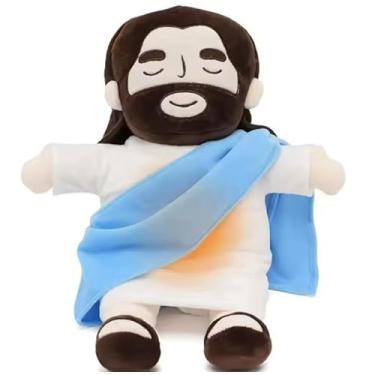 Imagem de Jesus Pelúcia que respira Inspiradora Decorativo em Tecido Branco e Azul, Almofada Terapêutica para Dormir, 32 cm