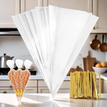 Imagem de 120 sacos de petiscos em cone com laços torcidos, bolsa de presente transparente de 18 x 30,5 cm, bolsa de celofane para pipocas e doces para dia dos namorados, Páscoa, casamento, Natal, festa de