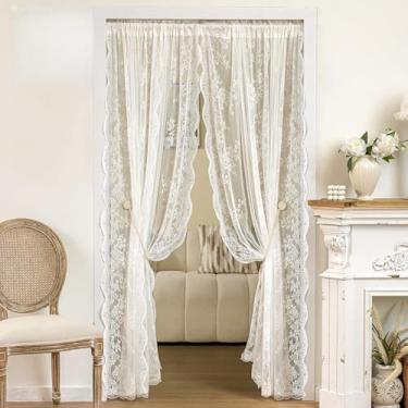 Imagem de UNISTAR Cortinas de porta transparente de renda com haste, cortinas de renda floral vintage de luxo para divisória de sala de estar, bolso de varão, 139 cm L x 203 cm C (2 painéis + varão)