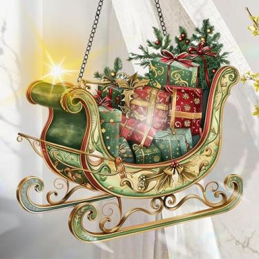 Imagem de Suncatcher acrílico colorido, decoração de janela suspensa de trenó com design de vitral impresso, apanhador de sol, arte de parede de arco-íris, ornamentos de Natal para uso interno e externo 19,8 x