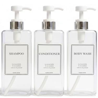 Imagem de HARRA HOME Modern Gold Design Pump Bottle Set 27 oz Refillable Shampoo and Conditioner Dispenser Empty Shower Plastic Bottles with Pump for Bathroom Lotion Body wash, Pack of 3 (Clear & Silver)