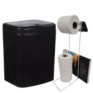 Imagem de Lixeira Automática Preta 16 Litros USB KALA com Suporte para Papel Higiênico 3 Rolos Br...