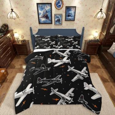 Imagem de Erosebridal Jogo de cama solteiro com desenho animado de avião, preto e branco, edredom de aeronave moderna, com 1 fronha para decoração de quarto de crianças e homens, 2 peças