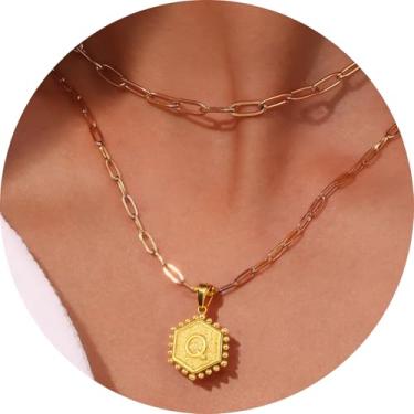 Imagem de Colar feminino com inicial em camadas, aço inoxidável banhado a ouro 18K, pingente de clipe de papel duplo A a Z, conjunto de duas correntes destacáveis, 16.5in/ 14+2in, Aço inoxidável, Sem Pedra