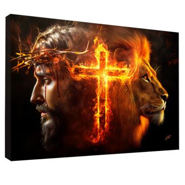 Imagem de Quadro Decorativo Jesus, Cruz e Leão Fogo