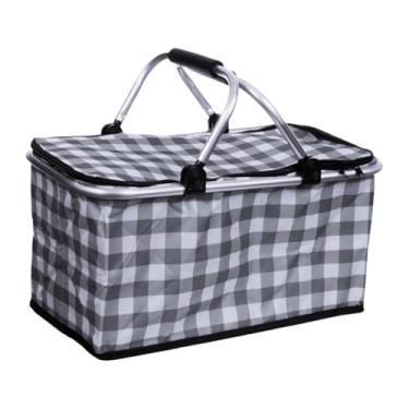 Imagem de Cesta de Piquenique Térmica Dobrável, Xadrez Cinza e Branco, Alça de Alumínio, 48x24x27cm, Com Forro Isolante