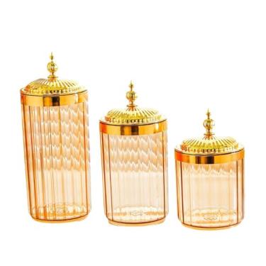 Imagem de IEUDNS Conjunto de 3 Potes de Armazenamento de Alimentos com Tampas Herméticas, Organizador de Despensa Moderno, Recipientes para Armazenar Alimentos como, Pote âmbar com Tampa Dourada