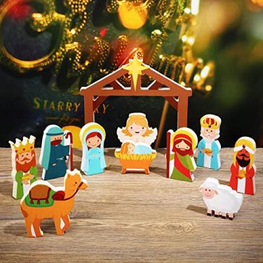 Imagem de Spiareal Conjunto de cenas de madeira de Natal, 11 peças, mini pessoas, presépio, Jesus, madeira estável, decoração de história, manjedoura de Natal para exibição de casa e exterior para mesa