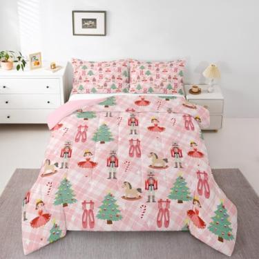 Imagem de Feelyou Conjunto de edredom solteiro, quebra-nozes de Natal, balé, árvore de Natal, para crianças, meninos, meninas, rosa, xadrez, bengala doce, edredom para decoração de quarto, microfibra, 2 peças