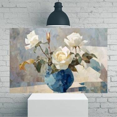 Imagem de Arte de parede em tela rústica vintage de rosas brancas em vaso azul - Pôster sem moldura de 30 x 45 cm - Decoração de casa e escritório para sala de estar, quarto, cozinha e café