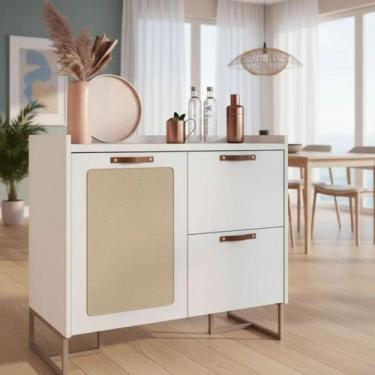 Imagem de Buffet 90cm Tampo 25mm Puxador Couro Pés Aço Tela Natural - Merk Movei