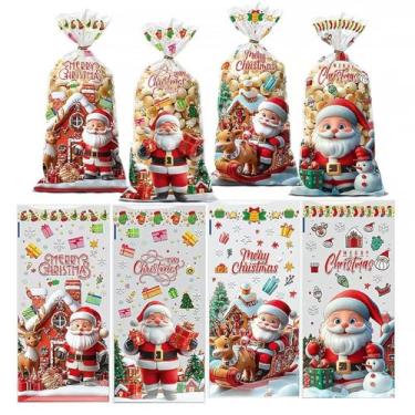 Imagem de 50 peças de sacolas de Natal de celofane de 28 x 12 cm com laços dourados para lembrancinhas de festa