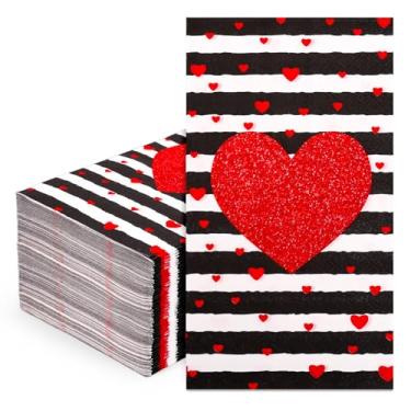 Imagem de FYSUIMU Guardanapos de papel para convidados do dia dos namorados, toalhas de mão descartáveis com listras de coração para o dia das mães, casamento, aniversário, casa, cozinha, banheiro, mesa de