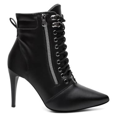 Imagem de Bota Feminina Salto Alto, Couro Sintético Preto, Cano Alto com Cadarço e Zíper Lateral, Estilo Country Cowboy, Salto 5cm, Para Uso Casual (PRETO, Único, BR, Adulto, Numérico, 39)