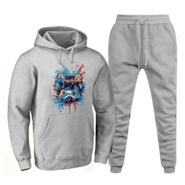 Imagem de Blusa Canguru Plus Size Moletom Estampada Masculina Com Calça Jogger Lisa Alta Qualidade Quentinho