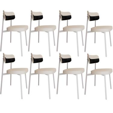 Imagem de Kit 08 Cadeiras Estofada Para Sala De Jantar Astrid Branco C01 Linho Palha Courino Preto - Lyam Decor