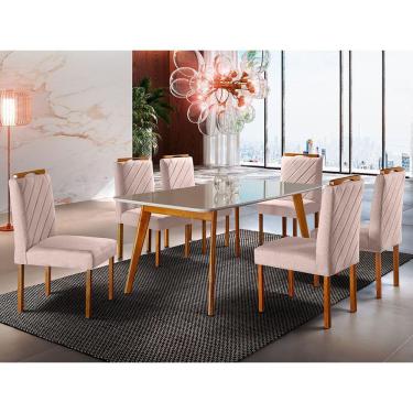 Imagem de Conjunto Sala De Jantar 6 Lugares Mesa Slim E Cadeiras Em Veludo Móveis Mix Mel/off-white/nude