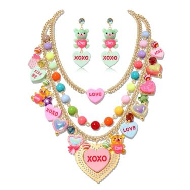 Imagem de HSWE Conjunto de joias de Dia dos Namorados Engraçado Rosa XOXO Coração Pirulito Gummy Bear Pingente Colar em Camadas Conjunto de Brincos Pendentes Aniversário Aniversário Data Festa Jóias, adjustable