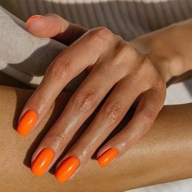 Imagem de 24 peças de unhas de pressão laranja, unhas postiças quadradas curtas, unhas falsas francesas com cola gelatinosa, cola completa de acrílico de cor pura na unha, unhas adesivas reutilizáveis elegantes