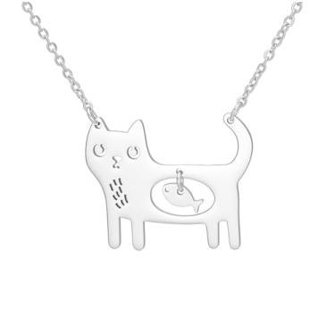 Imagem de EUEAVAN Colar de gato para mulheres, pingente de gatinho de prata fofo, acessórios de peixe, joias, amizade, gato, presente temático para amantes de animais de estimação, Medium, Aço inoxidável, Sem