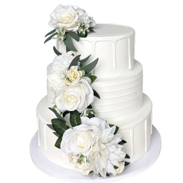 Imagem de 3 peças de flores de seda branca marfim para decorações de bolos artificiais rosa peônia borboleta topo de bolo de casamento decoração floral falso aniversário festa arranjos de mesa centros de mesa