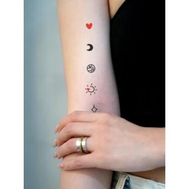 Imagem de Preto Vermelho Simples Delicado Coração Curva Lua Planeta Geométrico Padrão Pequeno Tatuagens Minimalistas Presente de Férias Adesivos de Tatuagem Dedo Pulso Ombro Pescoço Clavícula Corpo Impermeável
