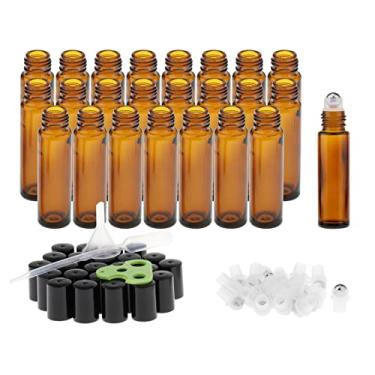Imagem de barenx Frascos de óleo essencial 10 ml (pacote com 24 unidades, com abridor, funis conta-gotas) Bolas de rolo para óleos essenciais, frascos de rolo - Âmbar