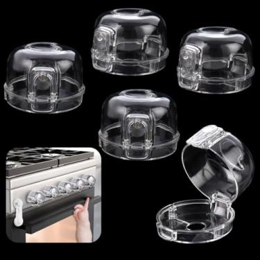 Imagem de 5 protetores de botão de fogão transparentes com mecanismo de bloqueio duplo, capas de segurança para botão de forno a gás com trava infantil