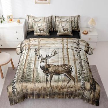Imagem de Jogo de cama king rústico de fazenda em uma bolsa, 7 peças, conjunto de cama de veado de cabana para crianças e adultos, outono, árvore, floresta, campo, retrô, caça, animais selvagens, animais