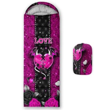 Imagem de QOOMO Sacos de dormir à prova d'água de coração de desenho animado para adultos e crianças, sacos de dormir impressos para acampamento, viagens e ao ar livre, equipamento de acampamento, 78,7 x 228,6