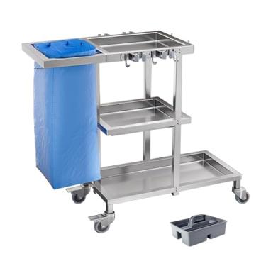 Imagem de Carrinho de limpeza comercial de aço inoxidável com 3 prateleiras com rodas e saco de vinil (B)