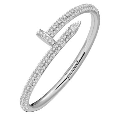 Imagem de Eesphy Pulseira feminina banhada a ouro 18 quilates com cristais austríacos, joias com design de unhas de latão durável para uso diário, festas e presentes para ela, 6.5-7, Cristal