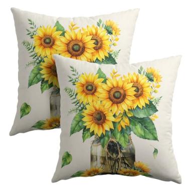 Imagem de Capas de almofada primavera verão flores amarelas 45,7 x 45,7 cm conjunto de 2 girassóis com folhas verdes frasco de pedreiro fronha de algodão macio linho quadrado verão capas de almofada para casa