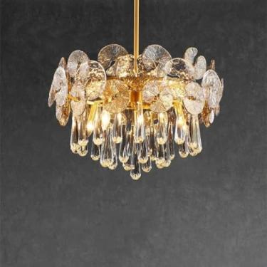 Imagem de Lustre de cristal moderno minimalista em estilo francês - Processo de galvanização, design em vidro com formato de folha de lótus | Iluminação luxuosa e aconchegante para sala de estar de vi