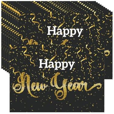 Imagem de Wonmon 50 peças de tapetes de papel de feliz ano novo, descartáveis, ouro preto, véspera de ano novo, tapetes de mesa para cozinha, decoração de mesa de jantar, suprimentos de festa de Natal, 35 x 25