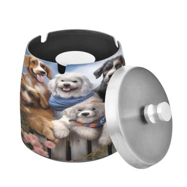 Imagem de Blueangle Cinzeiro Funny Dogs on The Fence com tampa para cigarros, à prova de vento/chuva, aço inoxidável, sem fumaça, inodoro, cinzeiro para uso interno ou externo (474)