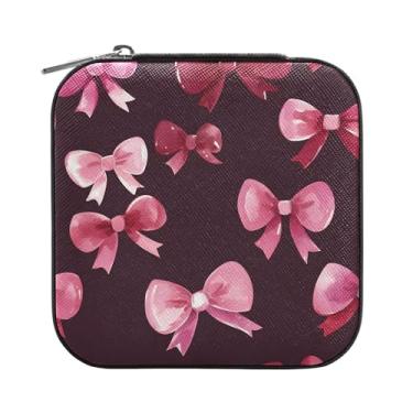 Imagem de SEHANY Caixa de joias personalizada com laço rosa para mulheres, meninas, mini estojo de joias de couro PU, organizador de joias de viagem, caixa de joias para brincos, anéis, colares, presentes para